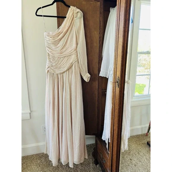 BHLDN One-Shoulder Maxi Dress Formal Gown Ruched Pink‎ Sparkle Size 4 - Picture 5 of 11